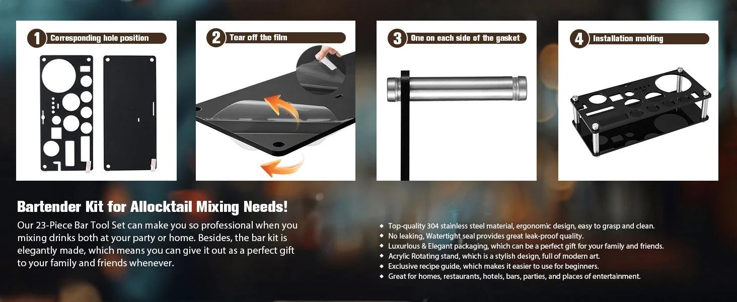 THE WELL KEPT Cocktail Shaker Set, 23-Piece Boston Stainless Steel Bartender Kit with Acrylic Stand & Cocktail Recipes Booklet, Professional Bar Tools for Drink Mixing, Home, Bar, Party (Include 4 Whiskey Stones) Utensils