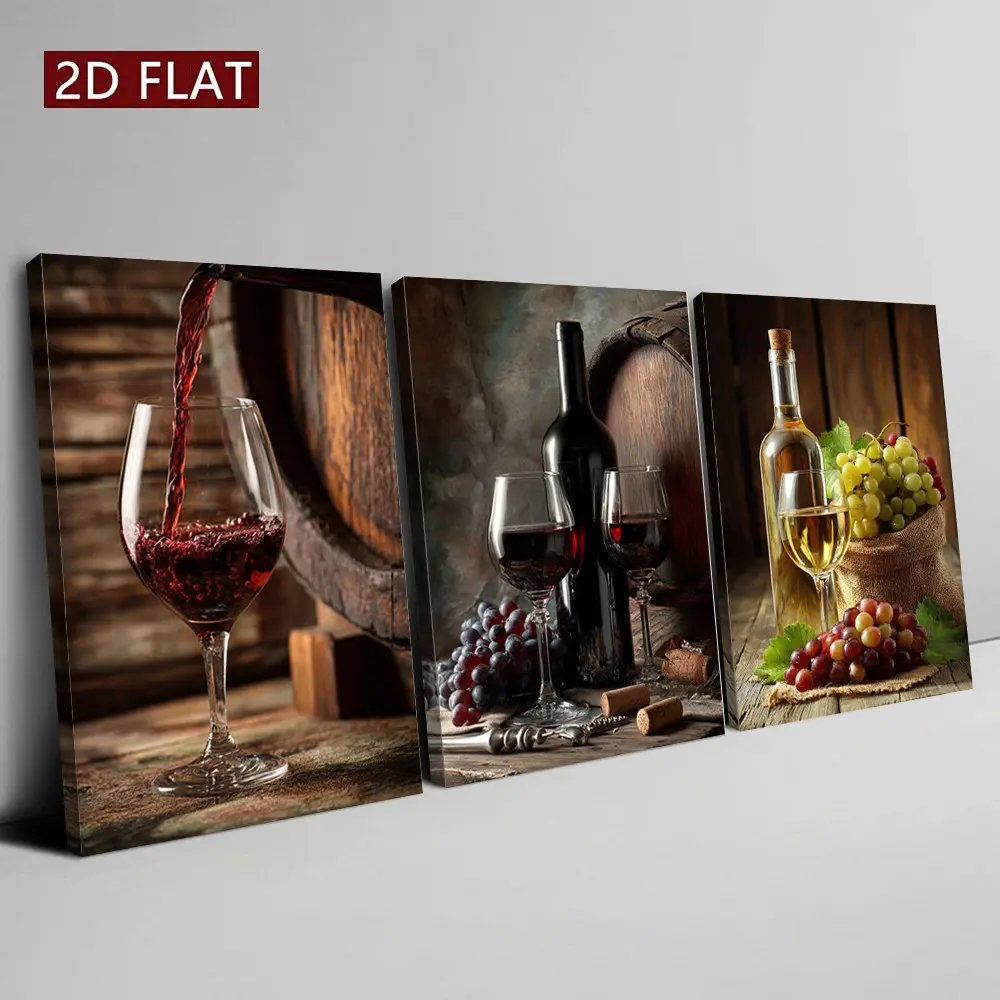 3-Piece Wine Pouring Wall Art, Grape Harvest Canvas Poster, Vintage Wine Art Print, Vintage Prints, Rustic Style, for Living Room, Bedroom, Home Office, Bathroom