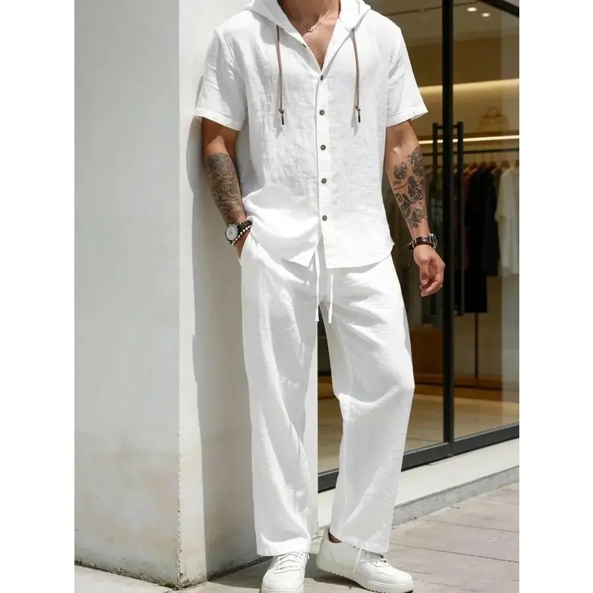 Men’s fashion two-piece summer set with a hood, casual minimalist style, loose breathable fabric-hoodie and wide-leg pants-suitable for vacations and everyday wear.