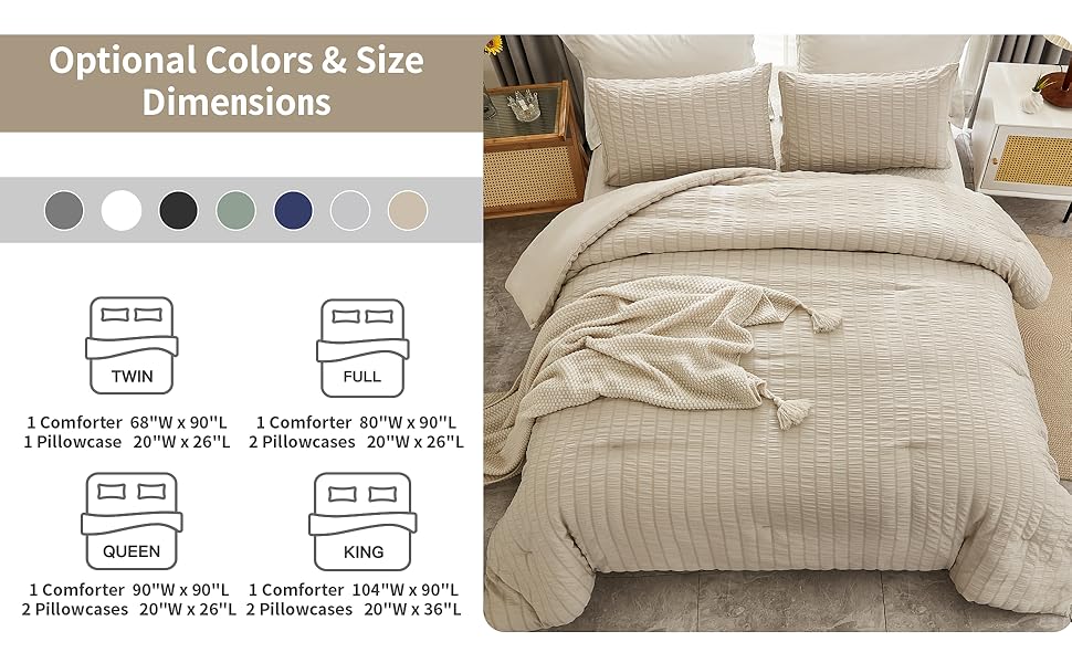 Beige Seersucker Queen Comforter Set (90x90 inches), 3 Pieces-100% Soft Washed Microfiber Lightweight Comforter with 2 Pillowcases, All Season Down Alternative Comforter Set for Bedding Beige Seersucker Queen Comforter Set (90x90 inches), 3 Pieces-100% Soft Washed Microfiber Lightweight Comforter with 2 Pillowcases, All Season Down Alternative Comforter Set for Bedding