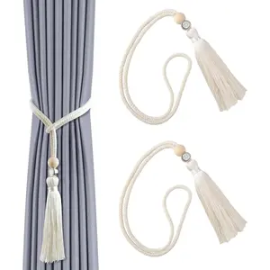 Handmade Beaded Tassels Curtain Tiebacks: 2pcs Window Drape Holdbacks Rope Home Ornaments with Wooden Bead and Crystal Diamond for Office Home Living Room Bedroom Decorative Drapery Shower Liner