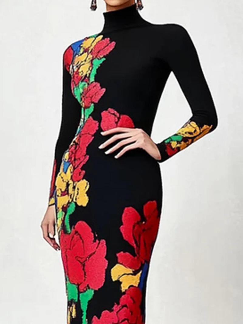 Women's Floral Print Dress, Bodycon Dresses, Elegant Fashion Casual Long Sleeve Dress for Party Club Dating Wear, Ladies Dress for All Seasons