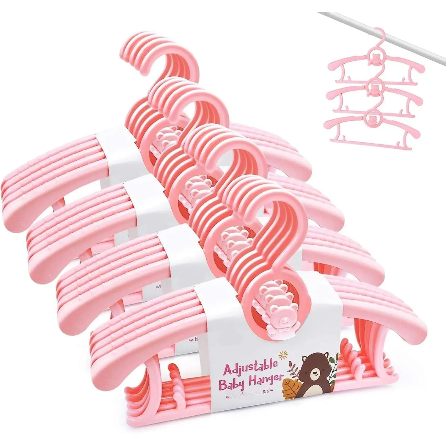 Kids Hangers 11"-14" Adjustable Plastic Baby Girl Hangers 20 Pack, Toddler Bear Hanger  Children's Clothes Sweaters, Infant Hangar  Closet with Non-Slip Shoulder Grooves & Pants Bar, Pink
