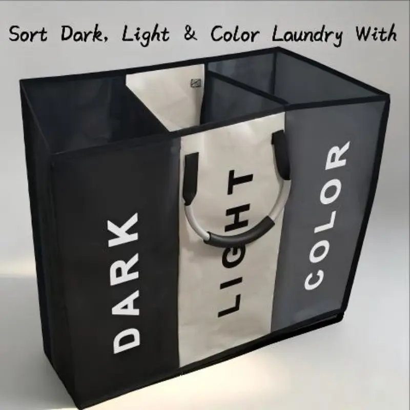 Portable laundry basket, Divided laundry hamper, with aluminum handle, three-color spliced storage bag with wrist strap design: large capacity with 3 separate compartments, suitable for all room types