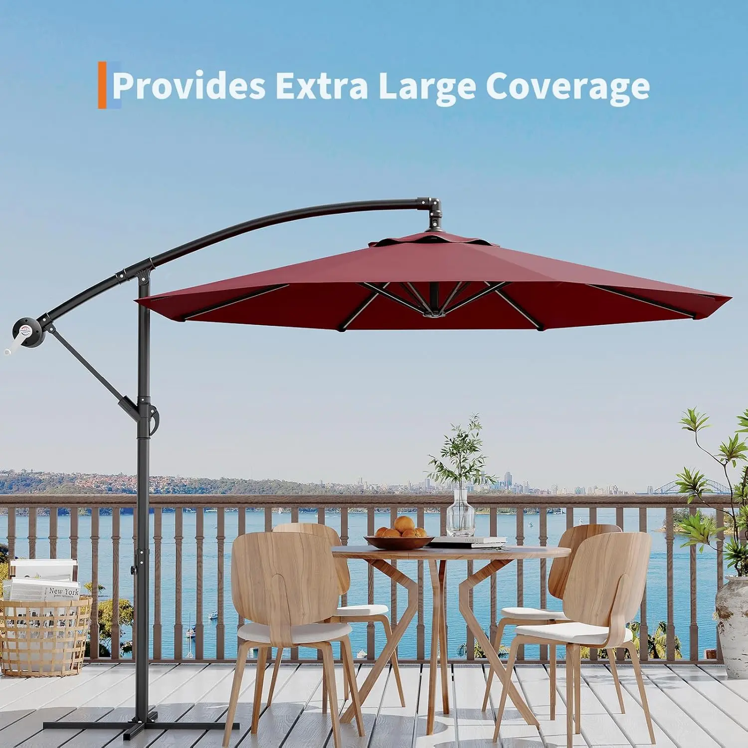 10FT Offset Cantilever Patio Umbrella with Crank Lift & Tilt Adjustment, 8 Steel Ribs, Double Layer Vent Design, Water-Resistant & Fade-Resistant Fabric for Outdoor Deck, Garden, Pool