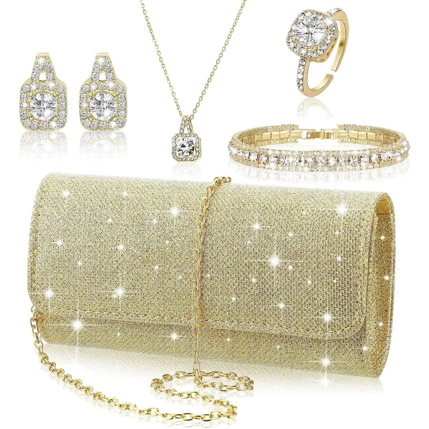 5 Pcs Rhinestone Jewelry Set for Women Glitter Bling Clutch Purse Necklace Earrings Bracelet Ring for Bride Wedding(Gift)