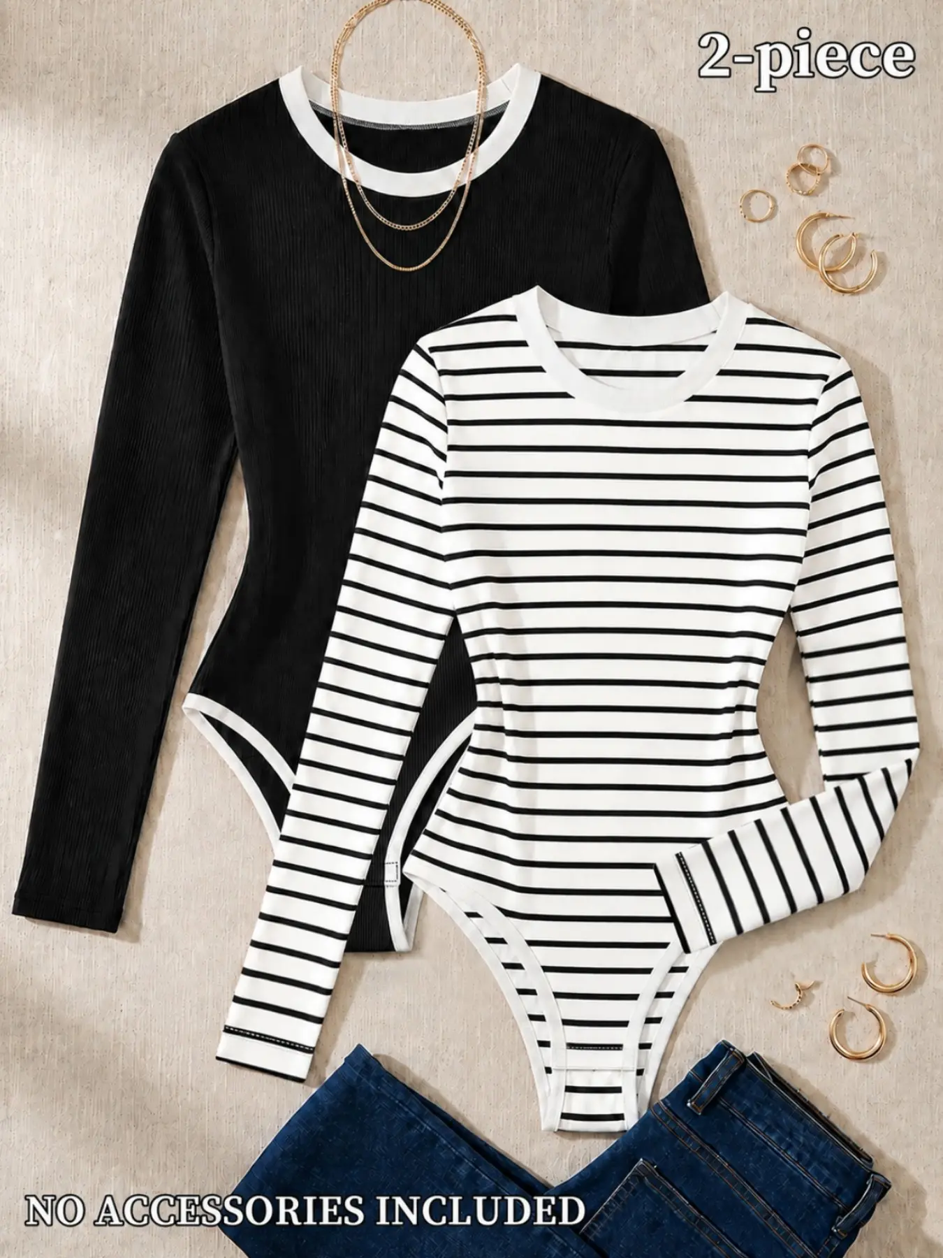 Summer Two Pack Crew Neck Long Sleeve Bodysuit Set, Solid Black Trim & White Black Stripe Rib Knit Slim Fitted Jumpsuit For Daily Street Layering Shopping Coffee Shop Casual Errands City Leisure Matching Outfits For Young Women