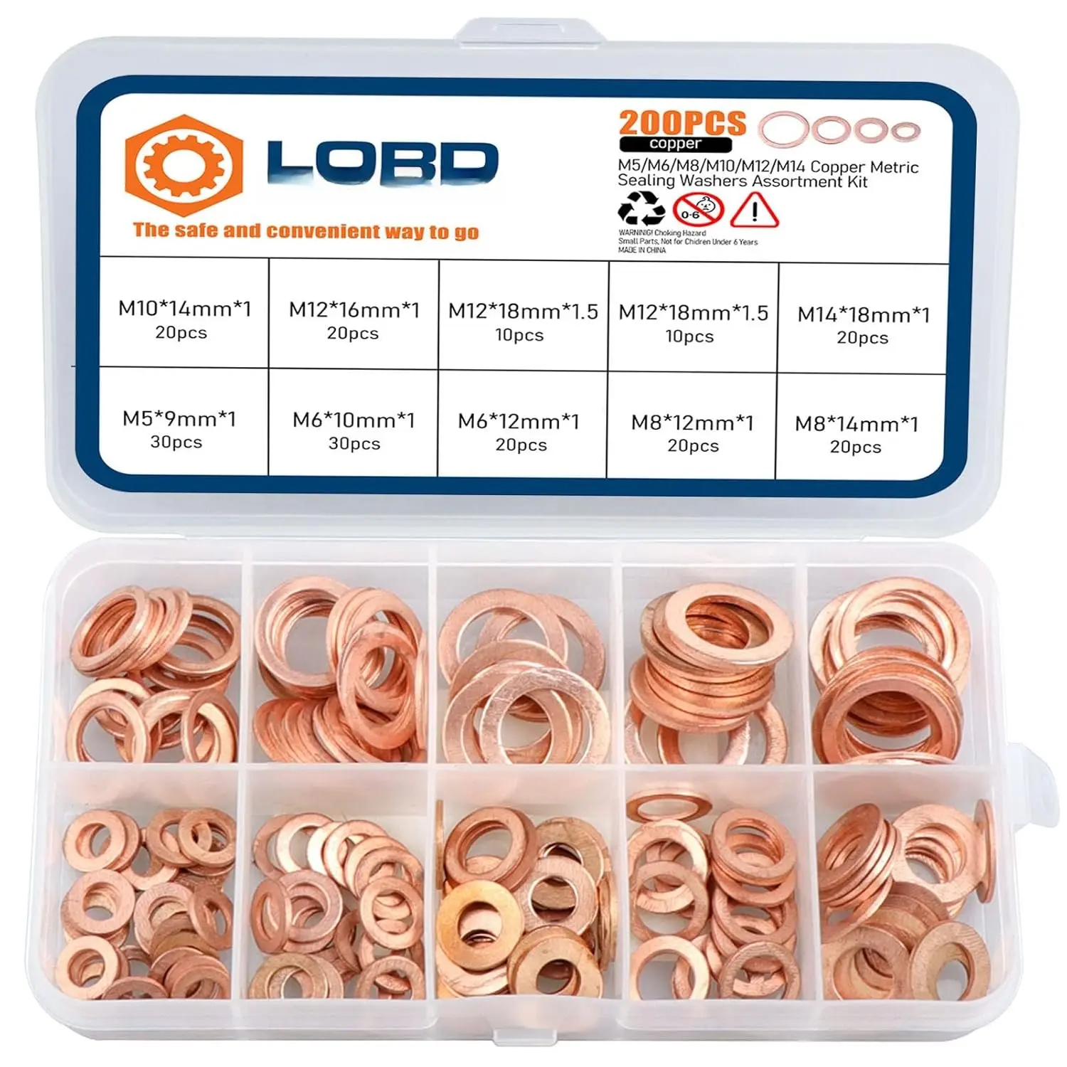 200-Count Copper Crush Metric Washers Kit - M5-M14 Sizes (9 Sizes), High Conductivity, High Temperature Resistance, Seal Tightness for Hydraulic Fittings, Household Use