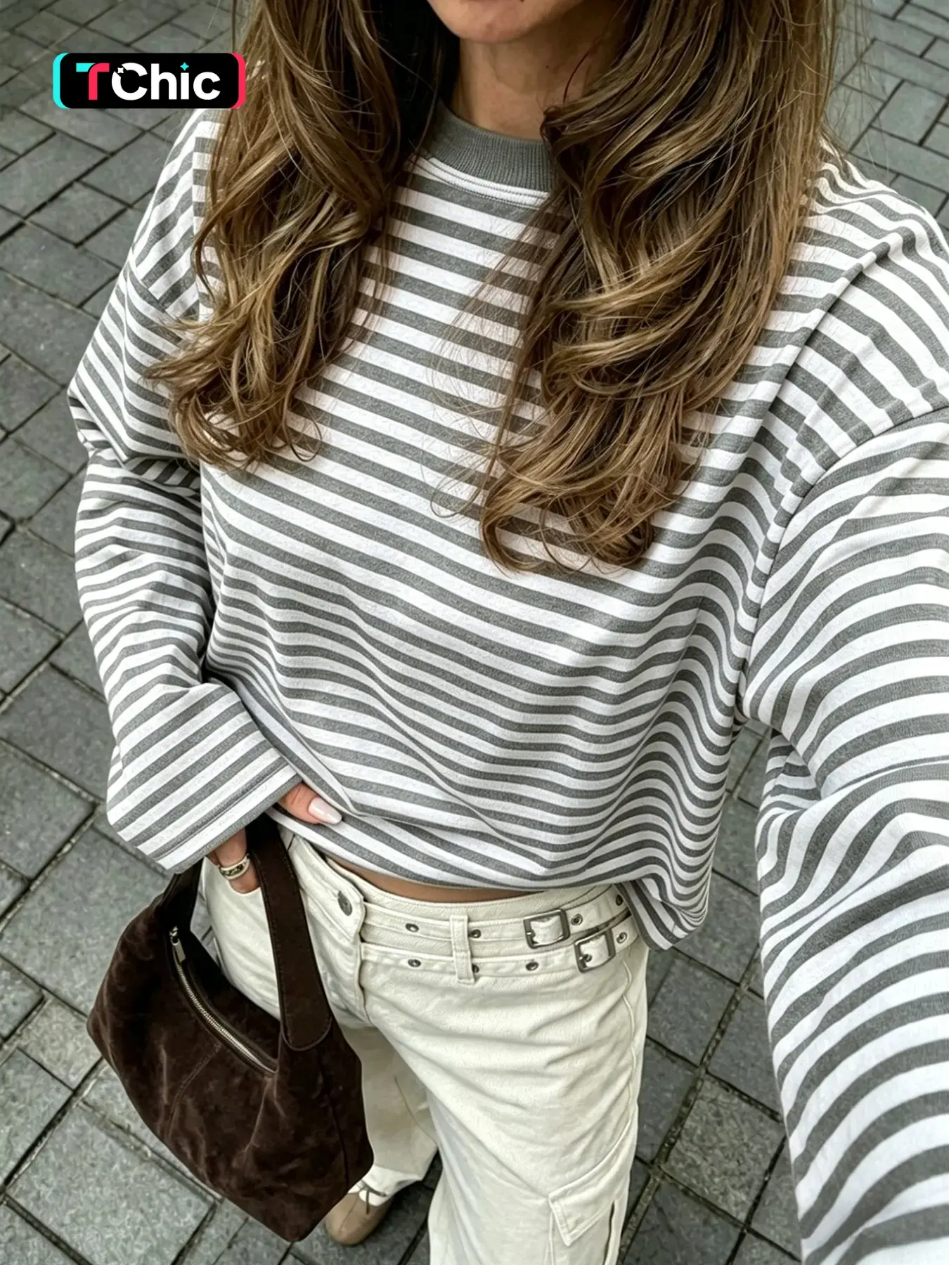 Relaxed Horizontal Stripes Oversized Loose Fit Drop Shoulder Long Sleeve T-Shirt, Comfortable Casual Wear, Perfect for Daily Use, Casual Comfy Clothes