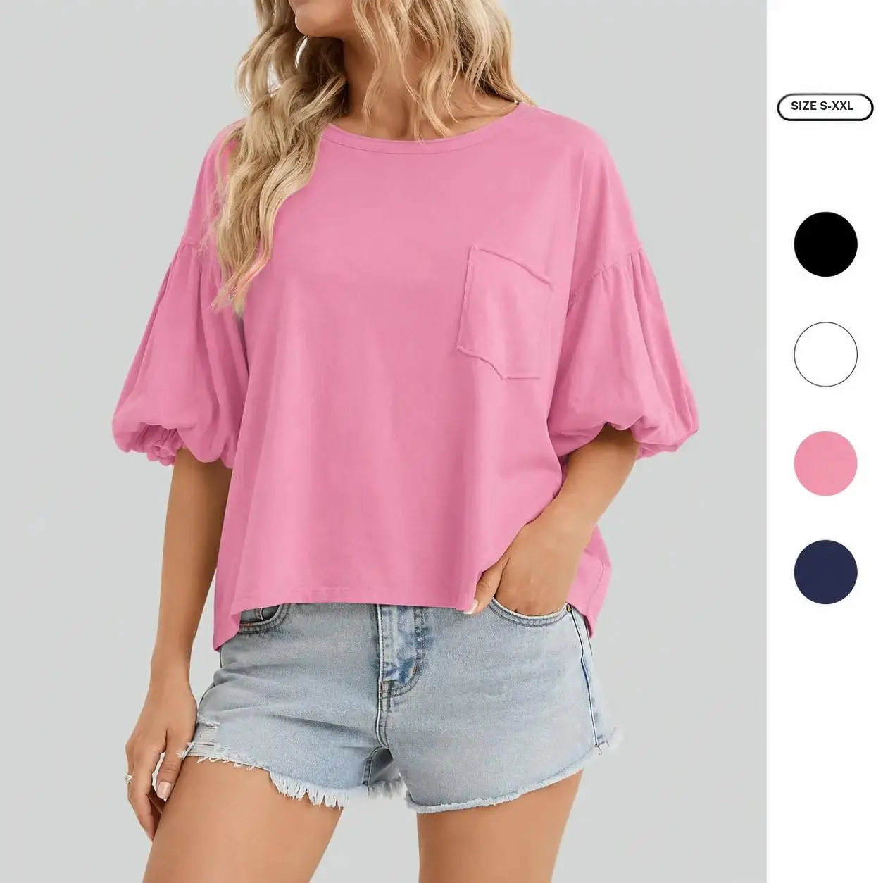 Imily Bela Womens Puff Short Sleeve T Shirts Summer Casual Crew Neck Tops Loose Fit Shirts with Chest Pocket