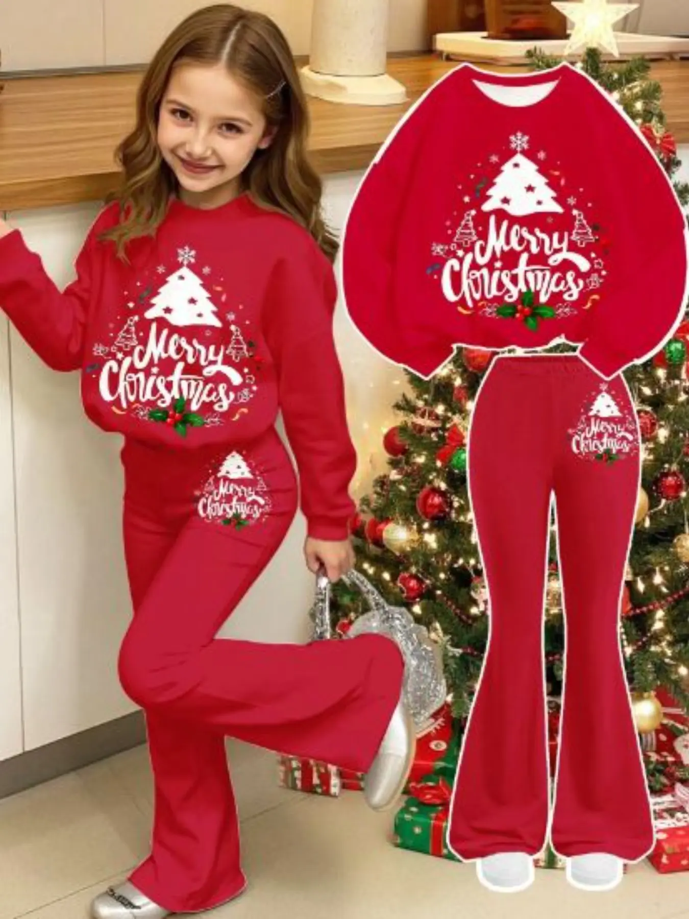 Winter Holiday Kids' Santa Set, Girl's Merry Christmas Tree Print Long Sleeve Sweatshirt & Pants, Casual All-Season