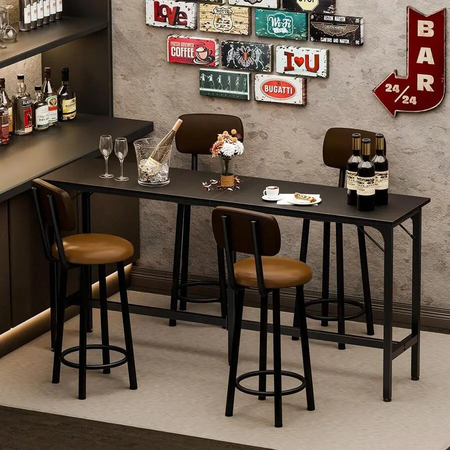 Bar Table, Counter Bar Height Pub Table, Rectangular High Top Coffee Table, Narrow Long Kitchen & Dining Counter Tables With Sturdy Metal Frame