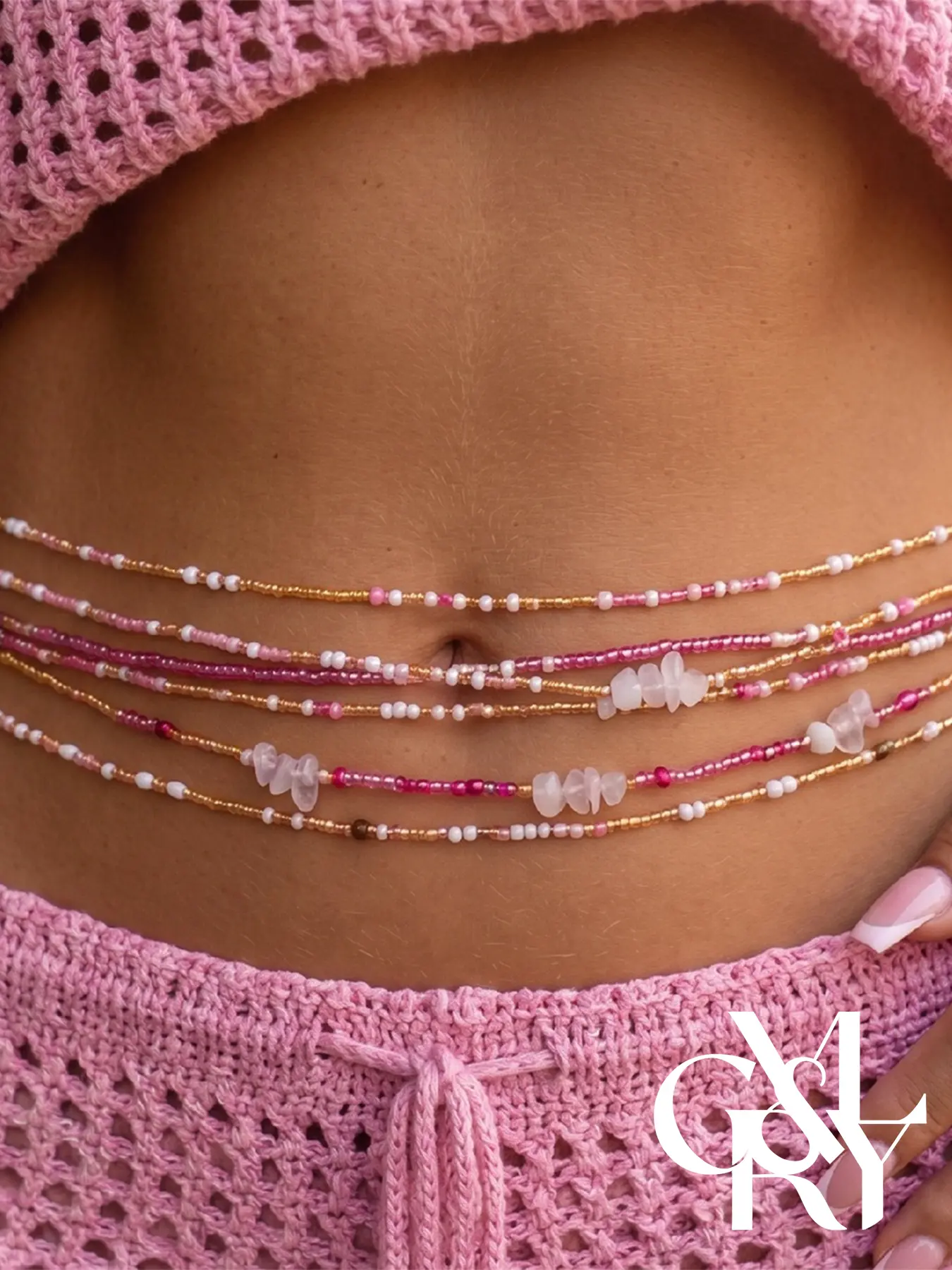 CYL&RY Colorful Multi Layer Pink Mix Seed Bead Waist Belly Chain for Women, Natural Rose Quartz Chip Inlaid Adjustable Body Jewelry Body Chain, Boho Tropical Accessory for Beach Vacations, Bikini Outfits & Poolside Summer Styling