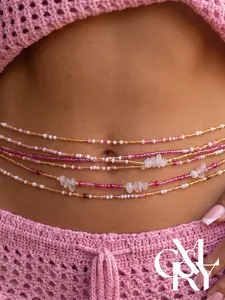 CYL&RY Colorful Multi Layer Pink Mix Seed Bead Waist Belly Chain for Women, Natural Rose Quartz Chip Inlaid Adjustable Body Chain, Boho Tropical Accessory for Beach Vacations, Bikini Outfits & Poolside Summer Styling