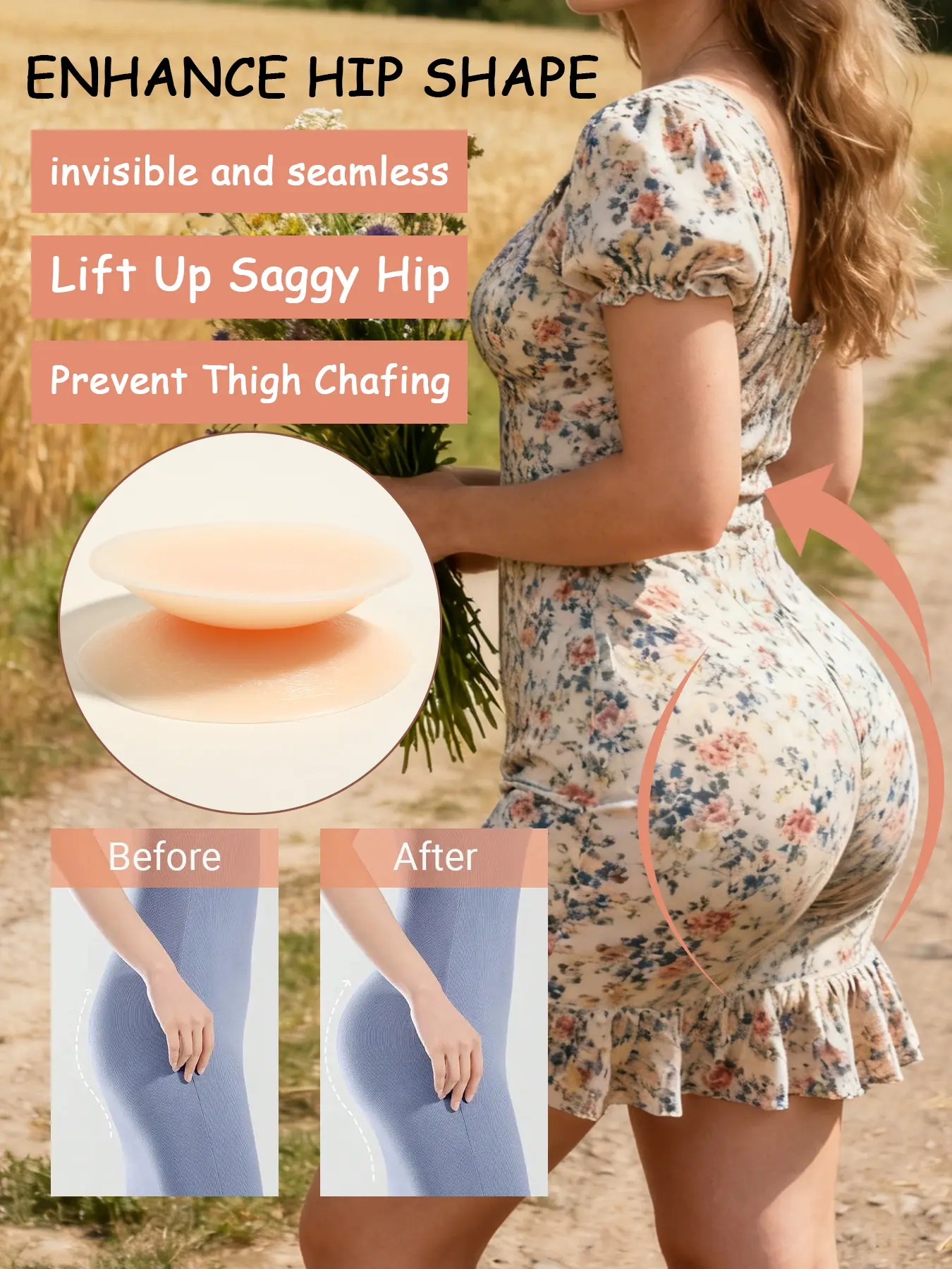 2 Pieces Reusable Self‑Adhesive Silicone Butt Pads, Invisible Seamless Hip Enhancer Pads with 2 Optional Thickness, Butt Lifter Inserts for Pants Skirts Outfits