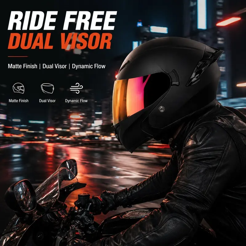 DOT Certified Modular Motorcycle Helmet, Dual Visor, Large Spoiler, Unisex All Season Scooter Helmet