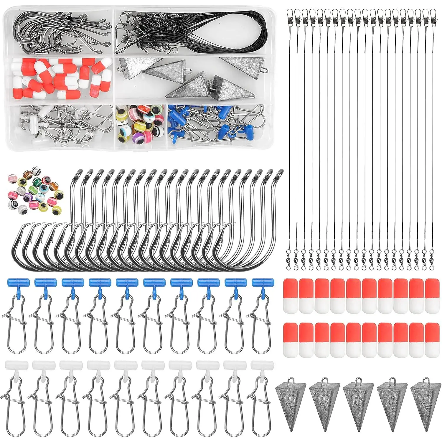 105PCS Surf Fishing Tackle Kit Fish Finder Rigs Saltwater Surf Fishing Rigs Live Bait Rig with Hooks Floats Sinker Slider Beads Pyramid Sinkers Leaders  Bass Beach Ocean Fishing Gear Accessories New model