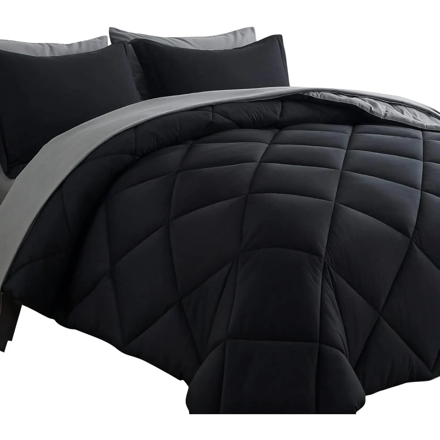 7pcs King Reversible Down Alternative Comforter Set - Bed in a Bag for All Seasons, Contemporary Decor Bedding with Duvet Insert, Pillow Shams, Flat Sheet, Fitted Sheet, Pillowcases (Black/Grey)