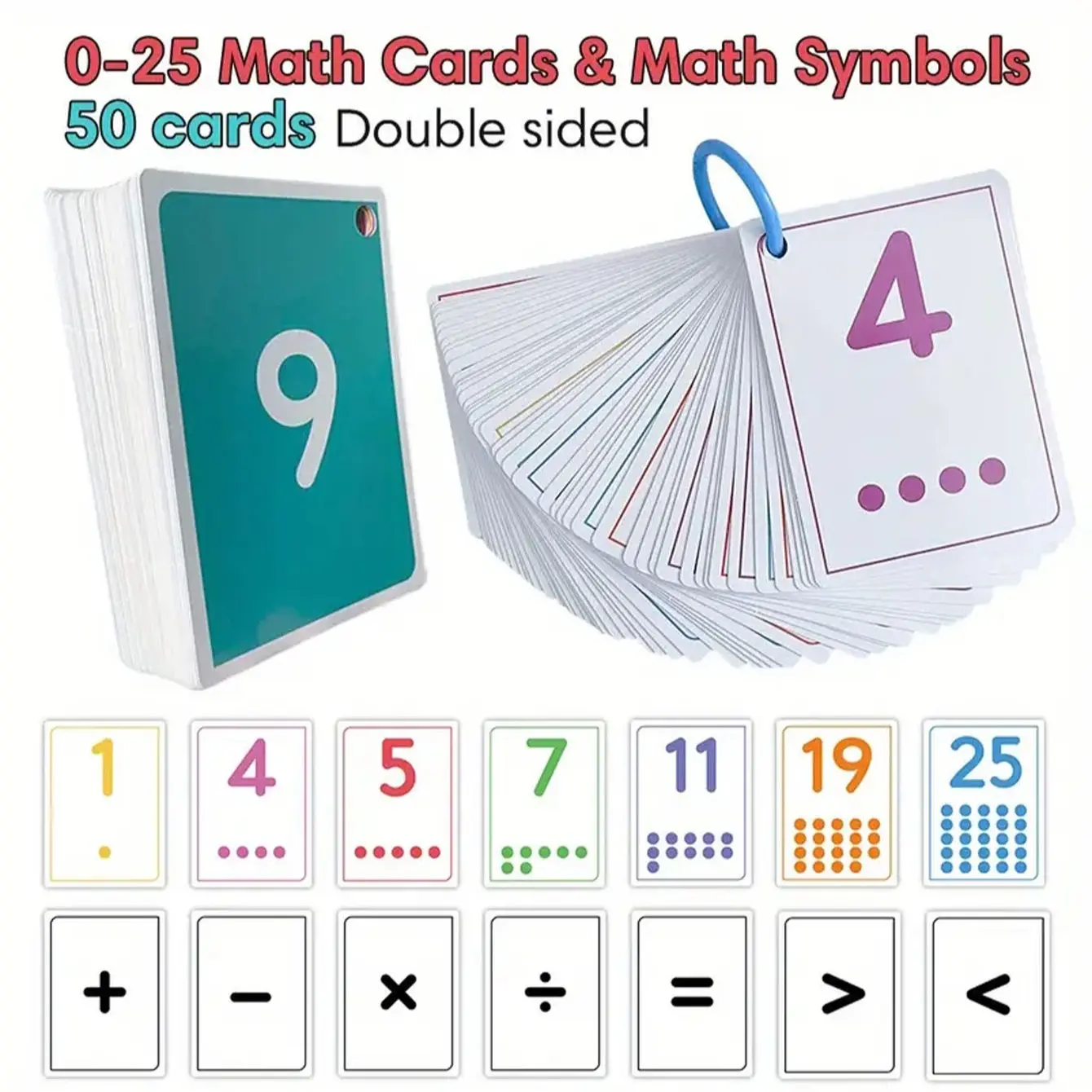 50 Math Flashcards Set for Kids, Addition Subtraction Multiplication Division Practice, Color-Coded Numbers 0-20, Interactive Learning Tool