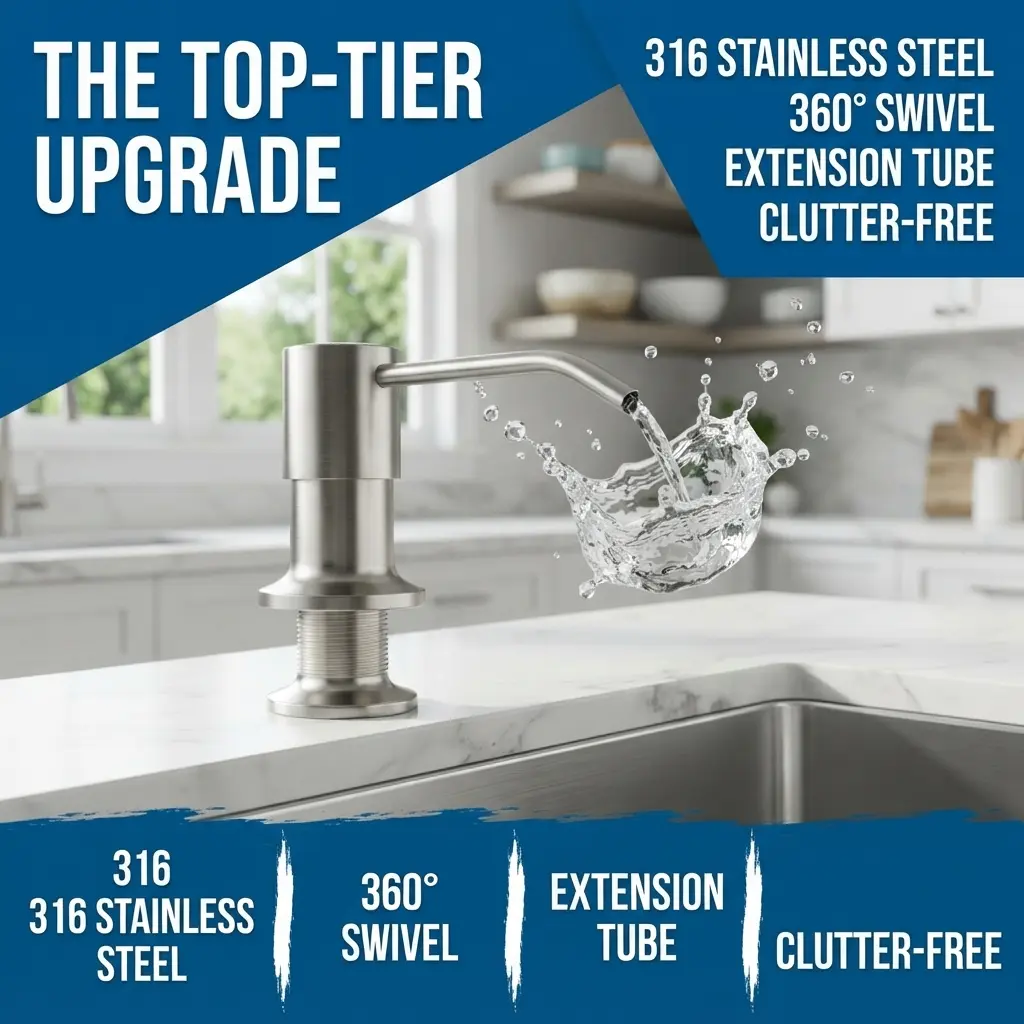 Refill‑Free Kitchen Sink Soap Dispenser, Brushed Nickel Countertop Dish Soap Pump with 39‑Inch No‑Spill Extension Tube Kit, Liquid Soap Dispenser for Kitchen & Bathroom, Silver