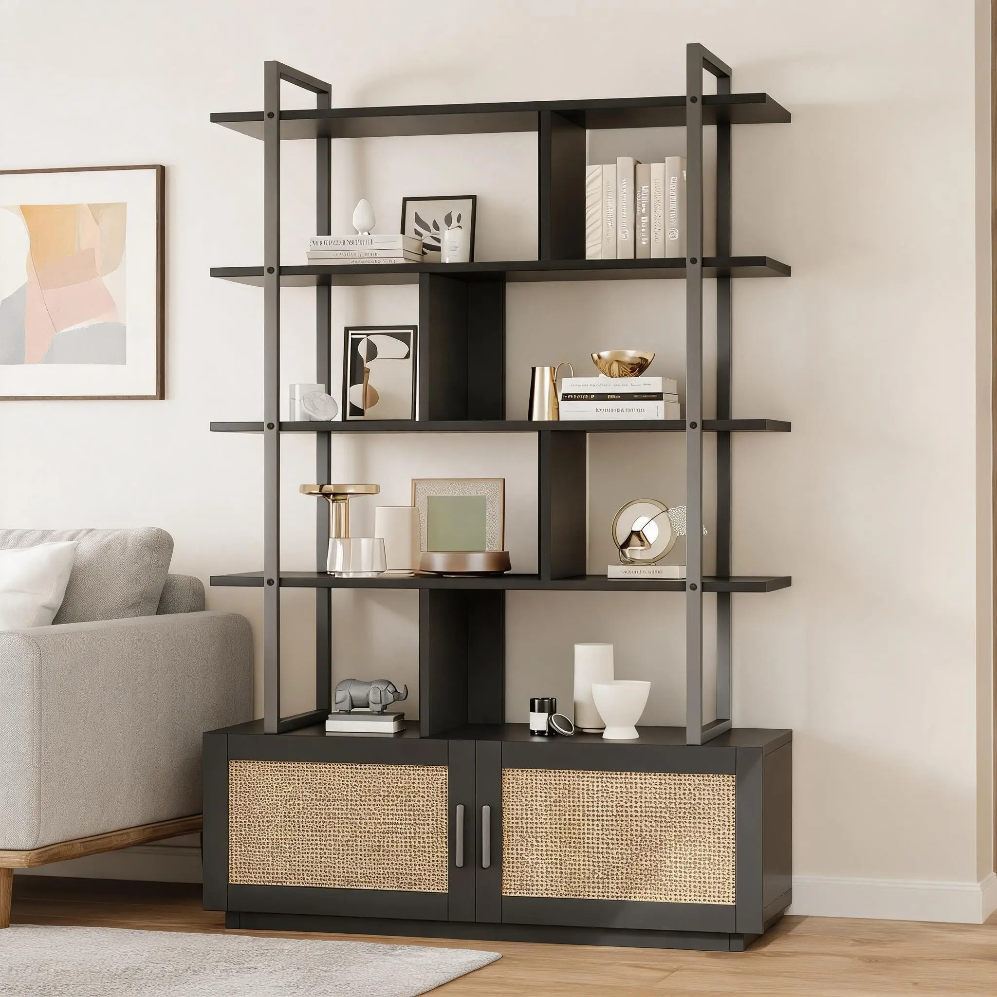 Garvee 5 Tier Rattan Bookshelf with Storage Cabinet & Door, 71.1 Inch Tall Industrial Book Shelf with Open Display Shelves, 5 Shelf Bookcase with Metal Frame for Living Room, Bedroom -Black