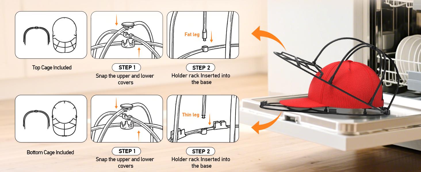 Hat Washer Cage 2-Pack - Baseball Cap Washing Machine & Dishwasher Safe Cleaner, Hat Cage for Washing Machine, Fits Adult/Kids Caps (Black)