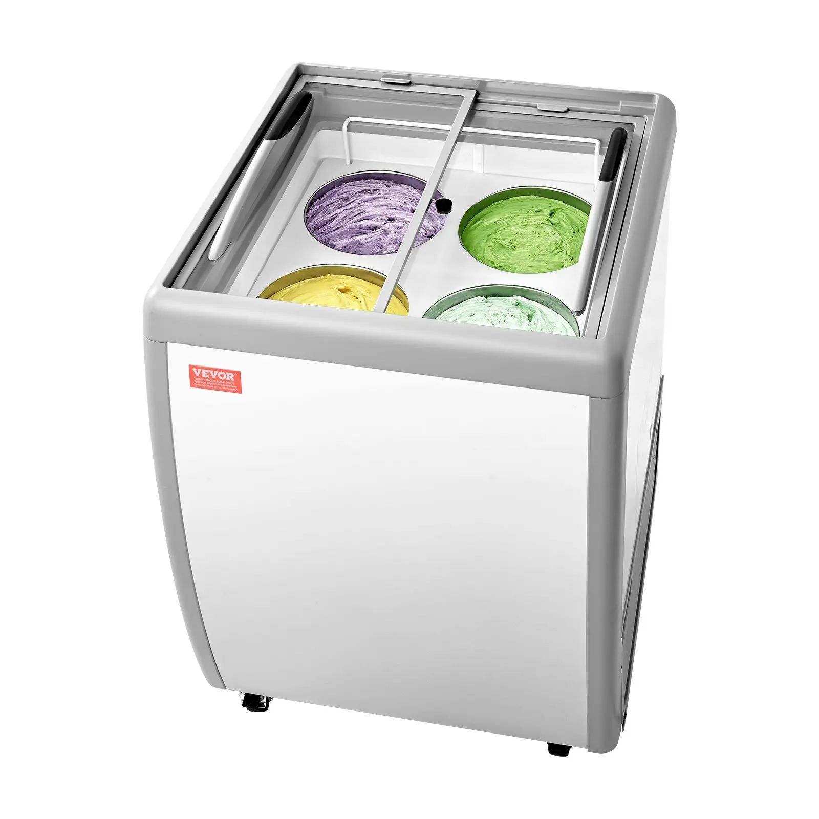 VEVOR Commercial Ice Cream Display Deep Freezer, 5.6 Cu.ft (158 L) Chest Freezer with Tempered Glass Sliding Door, LED Lighting, Locking Casters, Digital Control, Holds 4 Ice Cream Tubs, -19 to 3 ℉ (-28 to -16 °c) for Restaurants, Cubic Feet