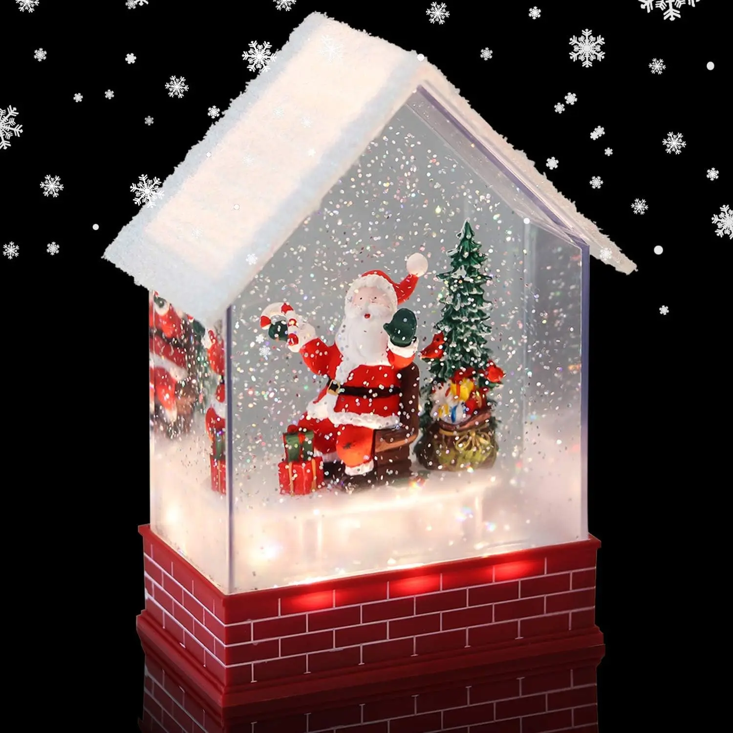 Musical Snow Globe House with Timer, Lighted USB/Battery Operated Swirling Singing Water Glittering Lantern, Christmas Snow Globes House Holiday Festival Decoration- Santa Claus
