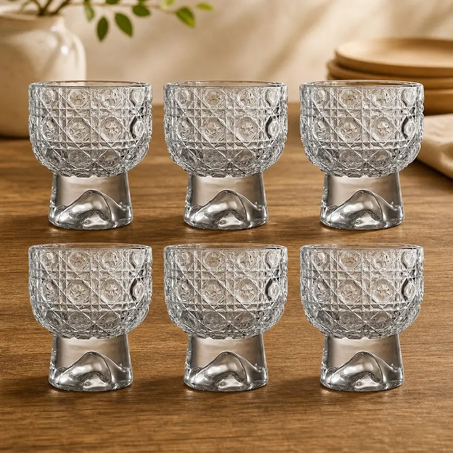 Set of 6 Mini Insta-Style Creative Glass Stemmed Cups, 45ML Mountain-Inspired Design, Gem-Like Embossed Detailing, Ideal for Baijiu/spirits