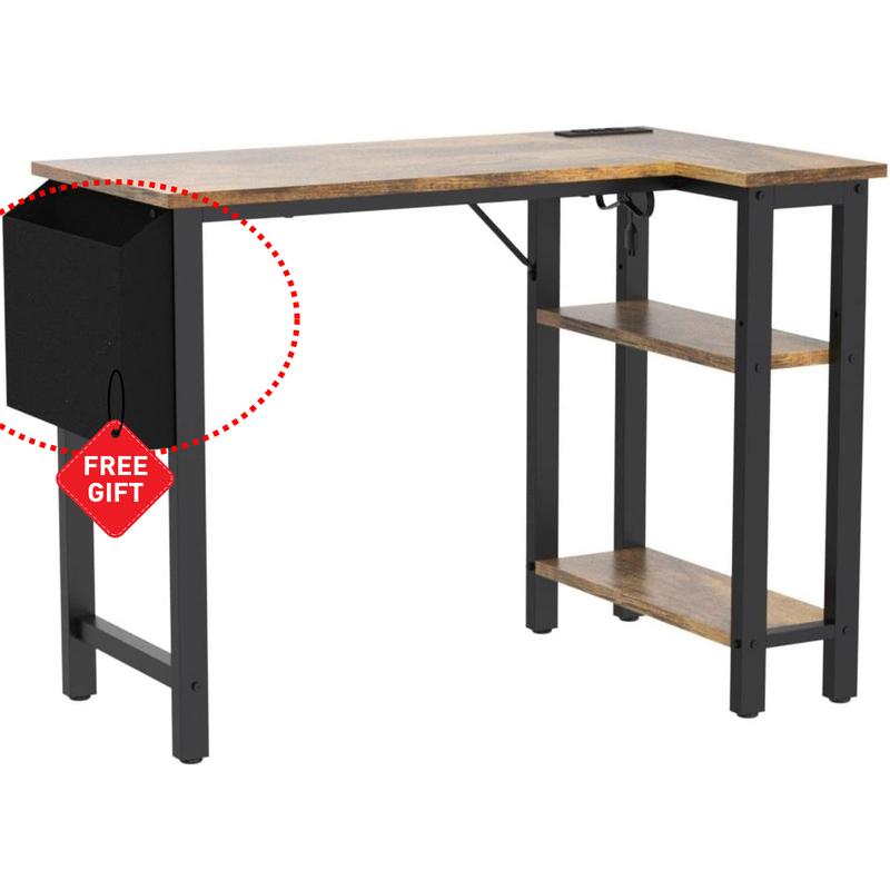 Lufeiya Small L Shaped Desk with Power Outlet Shelves, 40 Inch Reversible Corner Desk for Small Space Home Office, L-Shaped Computer Desk PC Desks with Charging Station, Rustic Brown, Get Free Gift