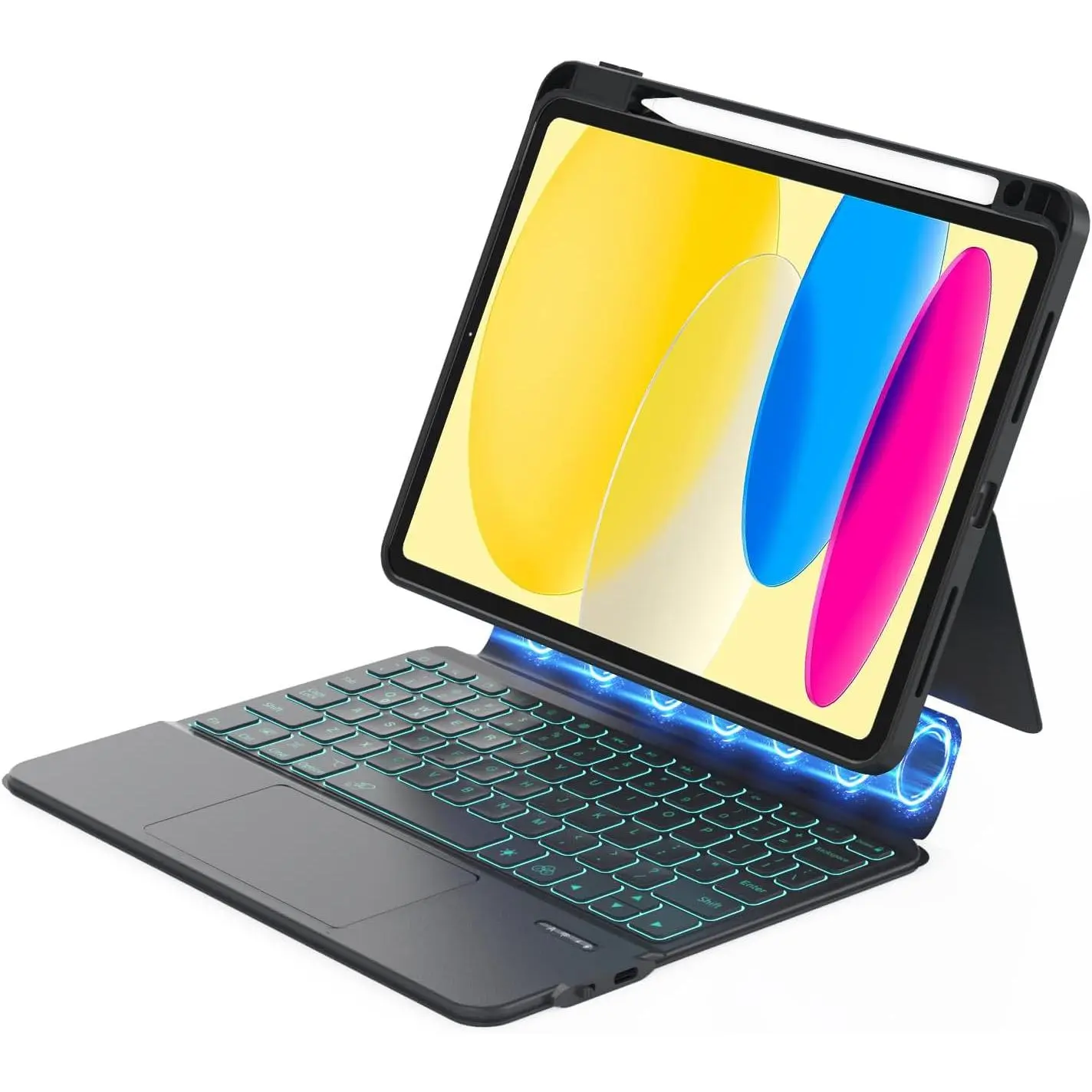 iPad 10th 11th (A16, 2025) Generation Case with Keyboard Detachable, Rugged Protective Case with 7-Color Backlit Keyboard, Multi- Trackpad, Pencil Holder, Vertical Kickstand (Black)