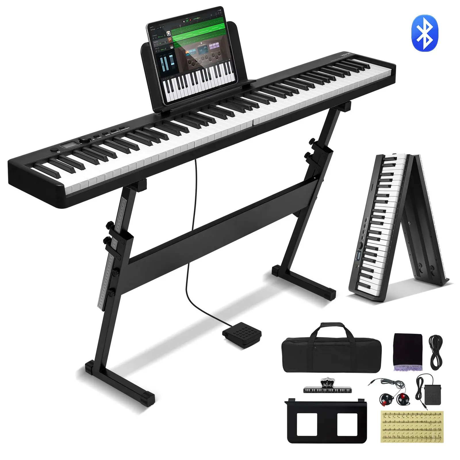 VEVOR 88-Key Rechargeable Battery Digital Piano, Foldable Bluetooth MIDI Keyboard with Stand, Sustain Pedal, Bag, Touch-Sensitive Keys, 128 Tones, 15.1 lbs, 49.6x10.2x32.7 in, Portable for Beginners Adults (Black)