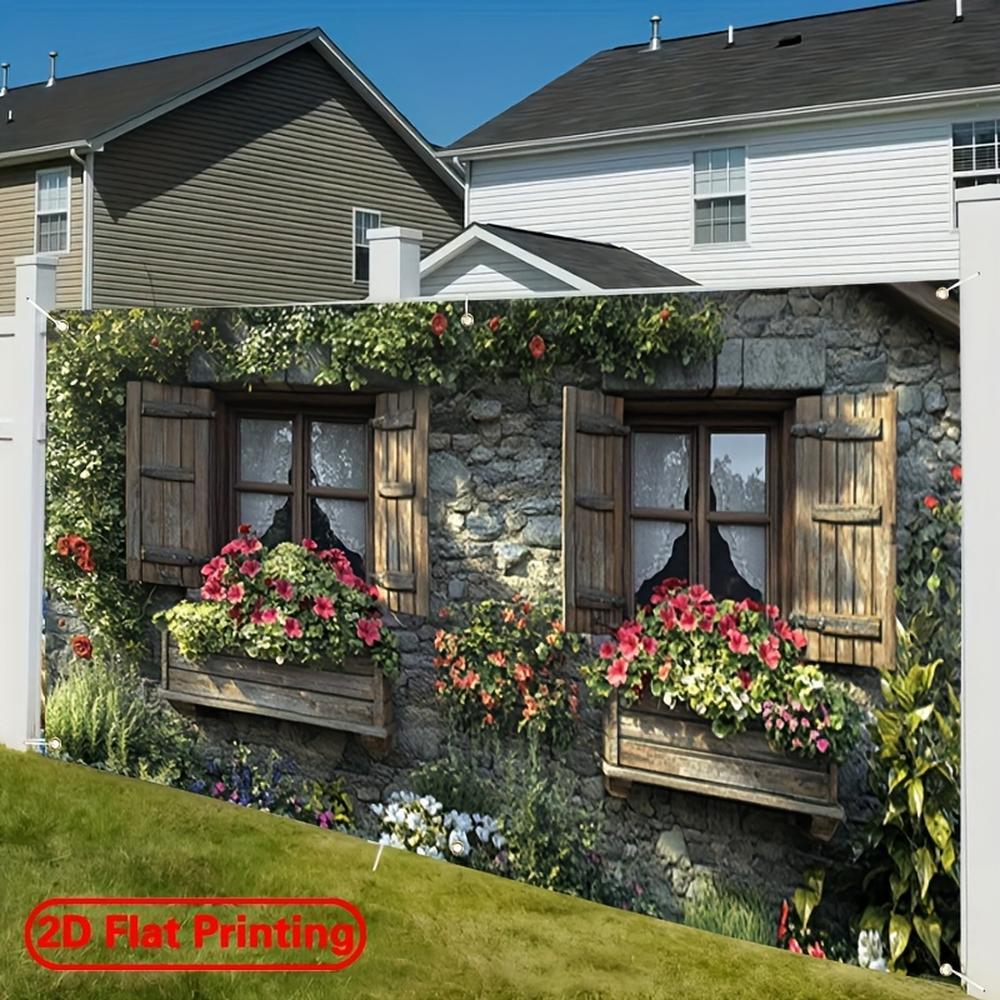 2D Flat - 2D Door Banner 1pc 2D Flat Large Polyester Garage Door Banner | Stone Wall and Colorful Floral Theme Design, Suitable for Festival, Courtyard, Studio, Home and Garden Celebrations, M