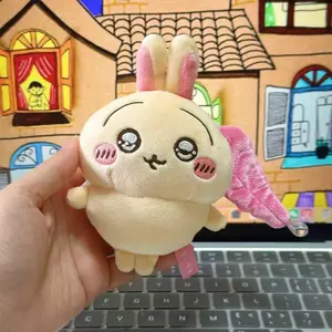 Cute Usagi Plush Keychain Big Eyes Chiikawa Soft Toy Doll with Pink Leaf Charm Gift for Girls Collectible Decoration Doll