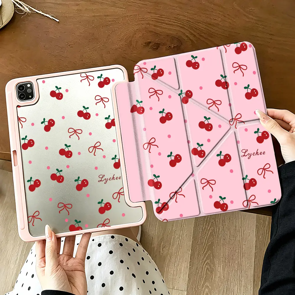 Yshaped Cherry Bows Tablet Protective Case，Sweet Girly Aesthetic Style，Compatible With Apple ipad 10th generation/IPAD Pro 13 2024/pro 12.9 2022/pro 11 2022/IPAD Air1/2/3/4/5/6th，With Pencil holder，Sleep/Wake Support，Lovely Birthday Present Choice