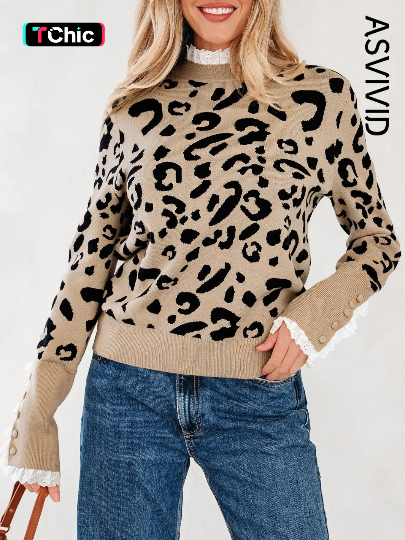 Women's Leopard Print Lace Knit Sweater, Button Cuffed Detail, Casual Fashion Pullover, Fall & Winter Wear, Ladies' Clothing