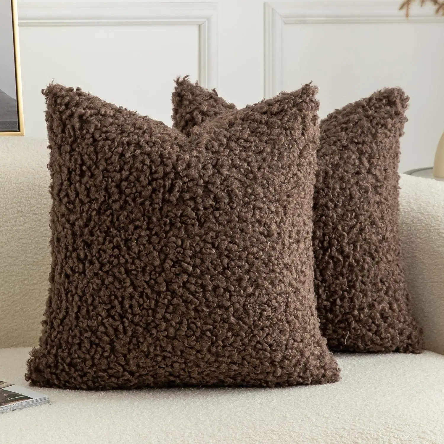 Pack of 2 Curly Teddy Wool Faux Fur Throw Pillow Covers Fuzzy Soft Pillowcases Sheepskin Fleece Decorative Cushion Case for Sofa Couch Living Room 20x20 Inch Chocolate
