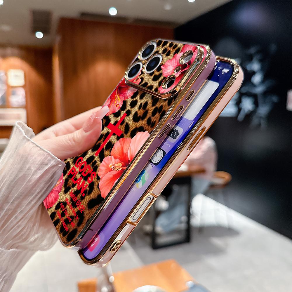 Leopard print and GOD'S PLAN lsaiah 60:22 Pattern Shockproof Phone Case for iPhone 17 Pro Max Air 16 15 14 13 12 11 Plus  Gold electroplated edge texture Full-lens protection Protecitved Cover