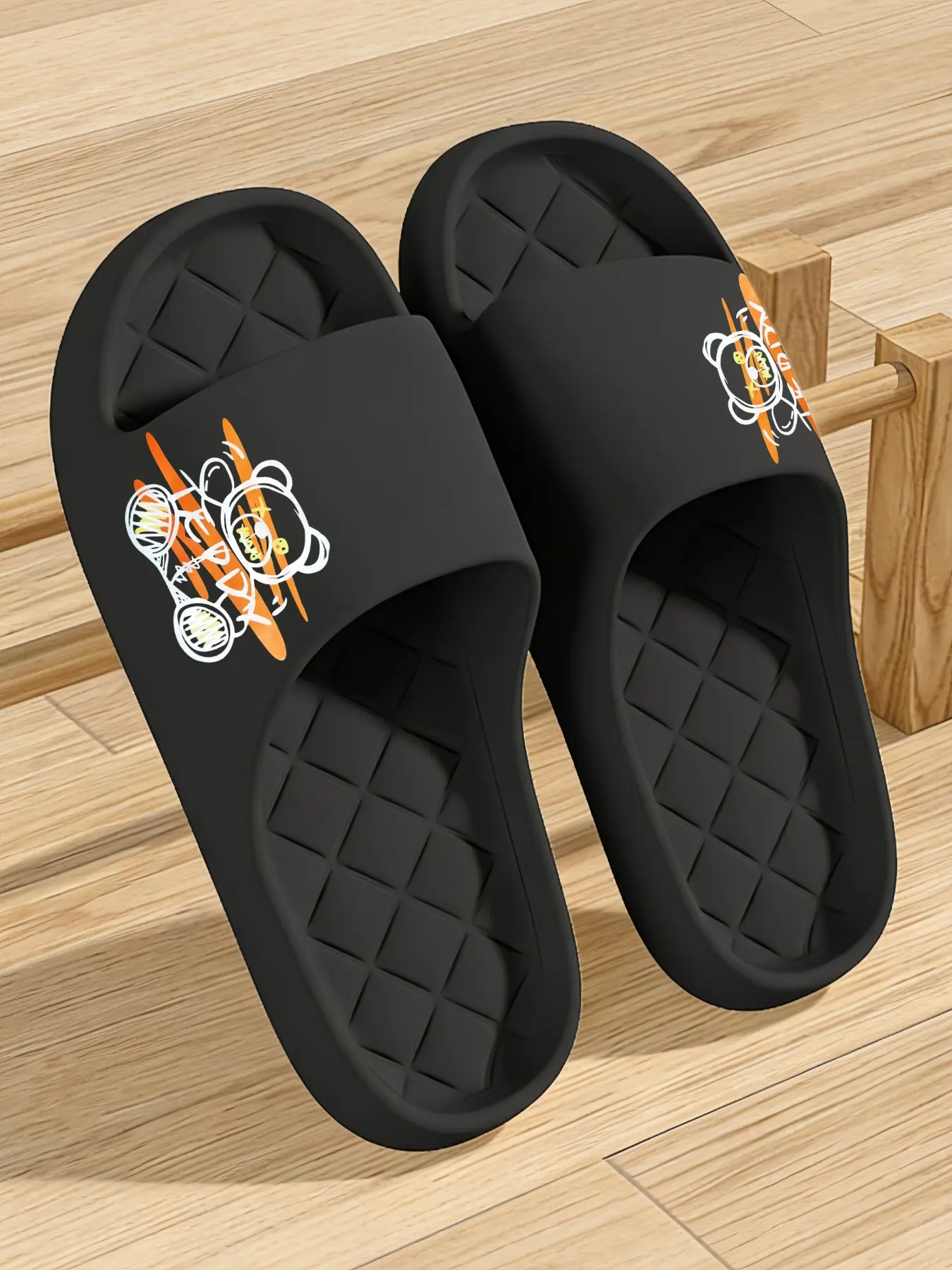 Street Style Cartoon Bear Cushioned Platform Slides, Anti-Skid Bathroom House Shoes, Runs Small, Wide Feet Size Up One Size