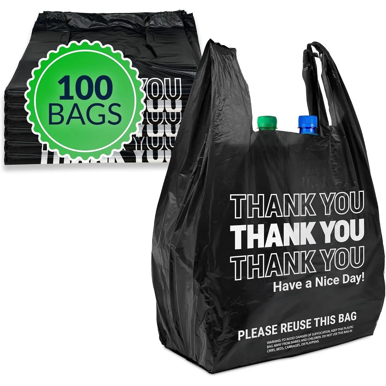 Thank You Plastic Bags | 100 Pack | Black | (11.5" x 6.5" x 21") Plastic Bags with Handles | Ideal for Grocery, Shopping,  Take Out, Restaurants, Small Business