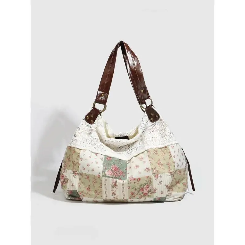 Women's Retro Floral-Plaid Underarm Purse - Boho Lace-Spliced, Large-Capacity Lightweight Handbag for Everyday, Vacation Use (Sports & Outdoor Accessories Compatible), Bags, Handbags For Women, Everyday Purse, Shoulder Bag