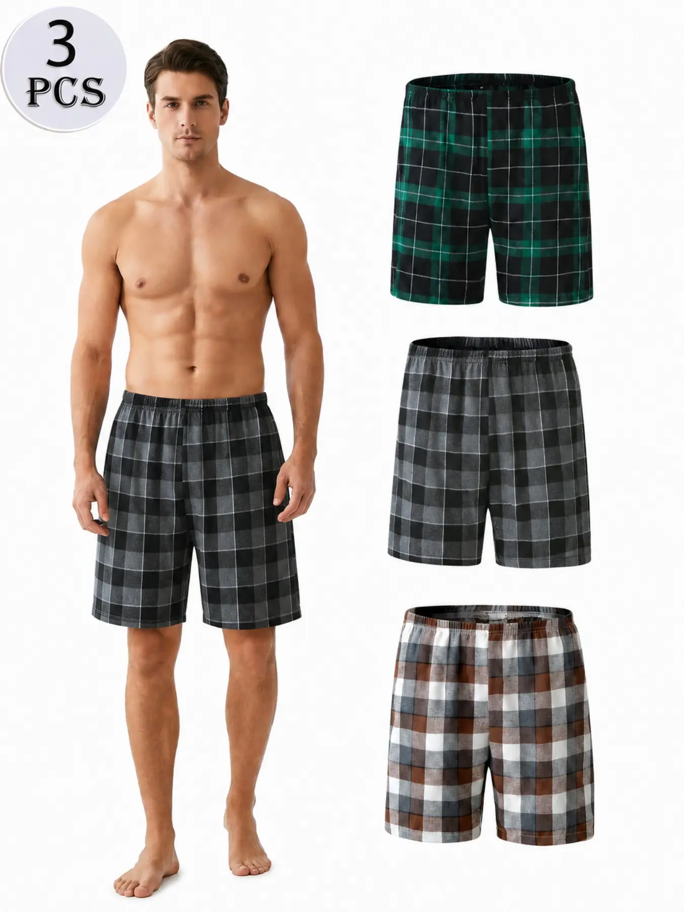 3-Piece Set | Men’s Plaid Pajama Shorts Set, Plaid Pajamas, Soft Checkered Sleepwear Shorts, Comfortable Lounge Homewear Outfit for Daily Relaxing, Casual Nightwear and Summer Sleep