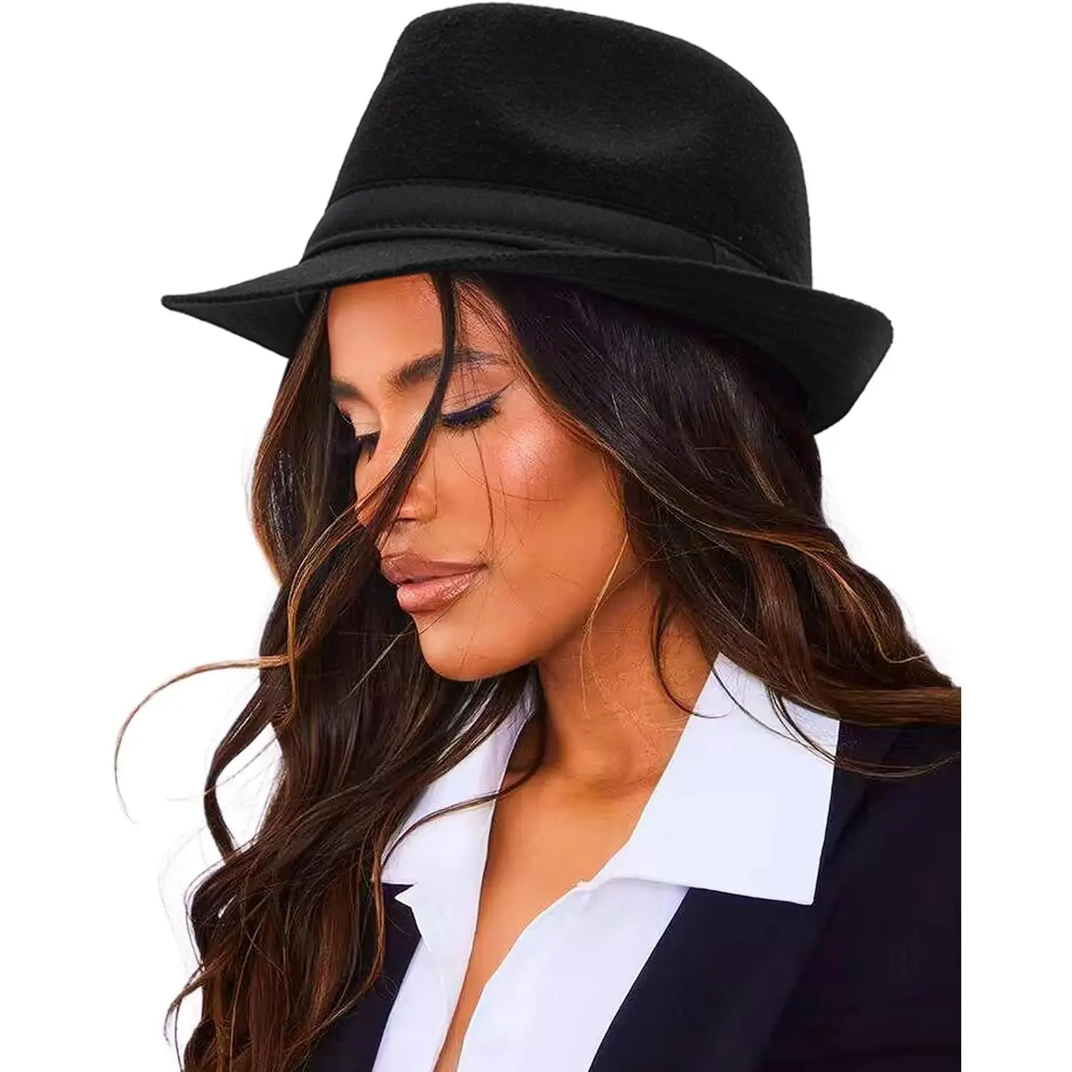 Unisex Classic Wool Felt Short-Brim Trilby Fedora Hat - Winter Structured Gangster Style with Band (S/M)(Gift)