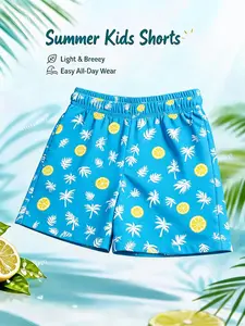 Vivid Blue Tropical White Leaf Citrus Print Little Boys Casual Shorts Ultra Light Breezy Skin-Friendly Quick Dry Kids Board Shorts Elastic Waist For Travel Picnic Backyard Sports Preschool Preteen Summer Staple