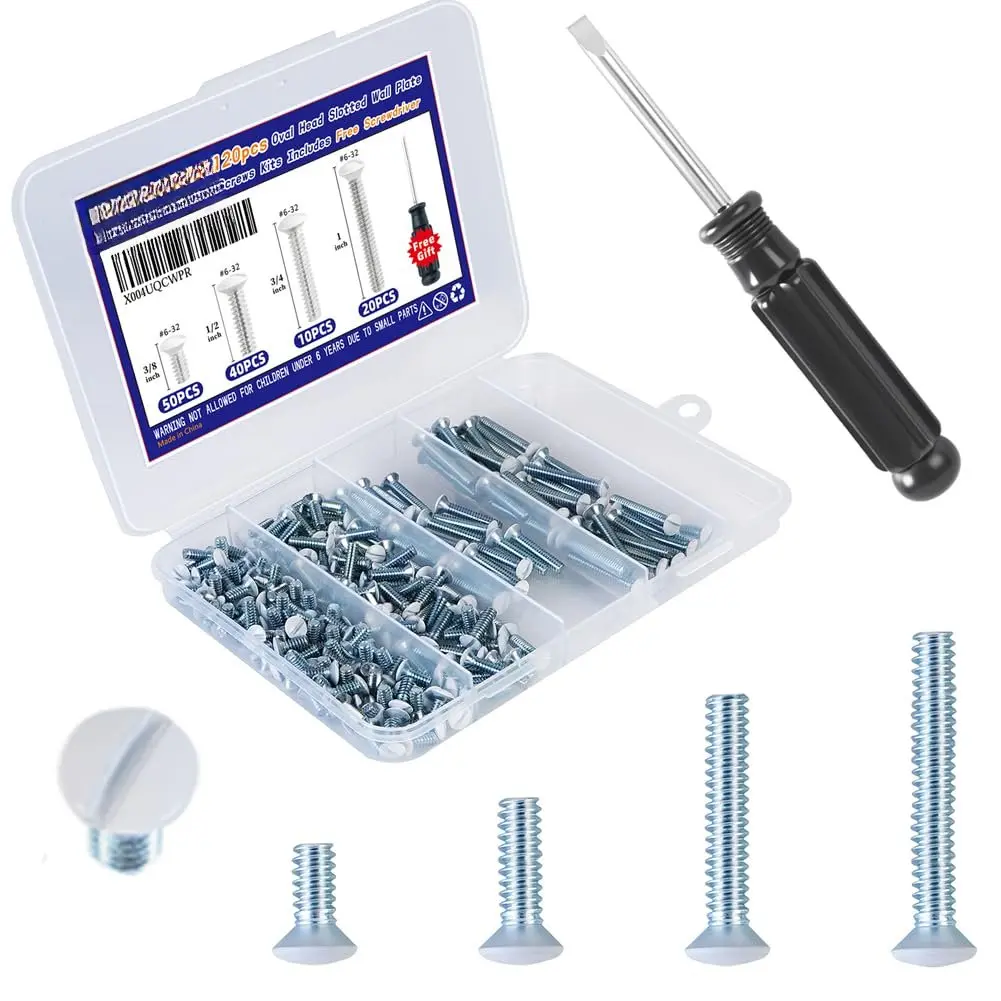 120 count Wall Plate Screws White, Outlet Cover Screws for  Plate, 6/32 Electrical Outlet Screws for Light  Plates,Electrical Panel, 4 Sizes (3/8",1/2",3/4",1") Screws Kit w/Free