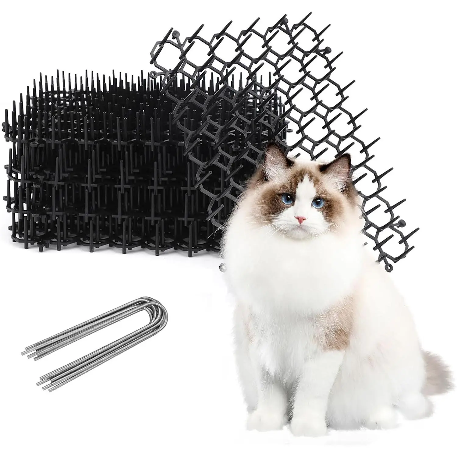 6.2 * 8 Inch 12 Pcs Cat Scat Mat with Spikes Cat Repellent Mat with Spikes Pet Deterrent Net Anti Cat Mat Gardening Plastic Cat Scat Mat with 8 U-Shaped Pegs Wild Animal Garden Plants