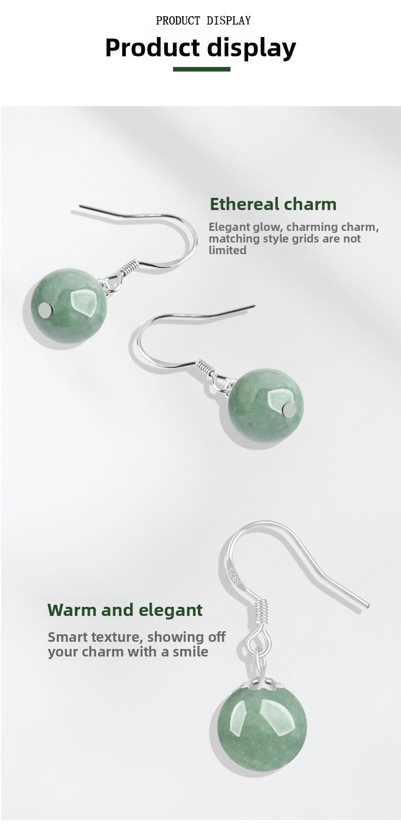 Natural A-grade jade emerald green round bead earrings S925 silver inlaid jade fashionable women's earrings and earrings with ethnic style