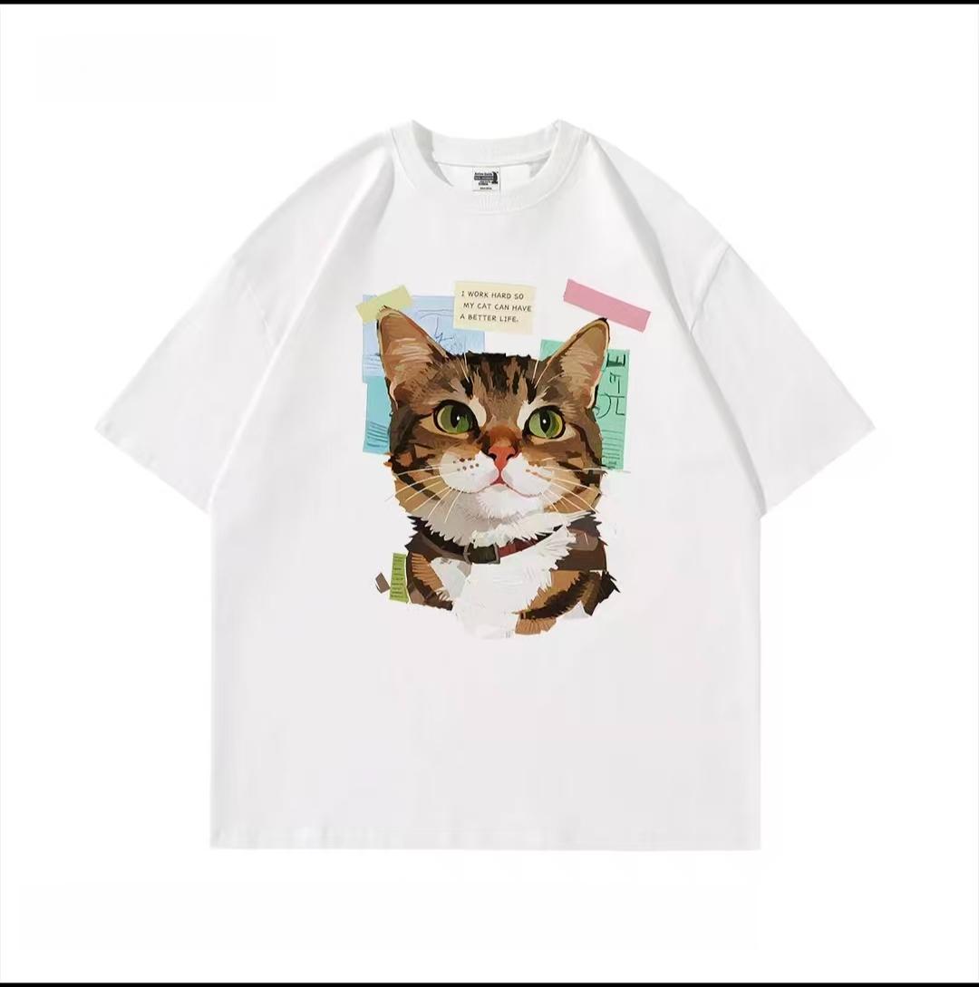 Men's and Women's Funny Cat T-Shirt, "I Work Hard So My Cat Can Have a Better Life," Cute Cat Print Short Sleeve, Casual Cotton Top, Gift for Pet Lovers, Summer Streetwear