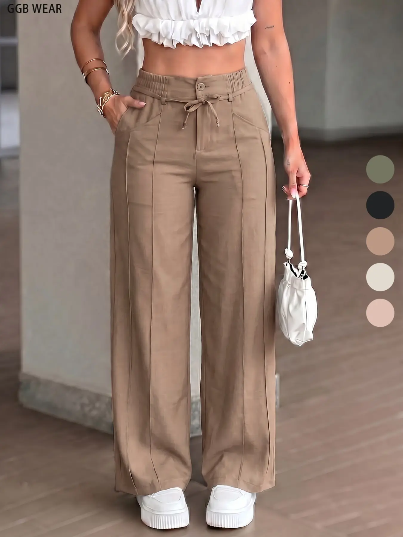 Women's New Summer Adjustable Drawstring High Waist Wide Leg Pants, Casual Chic Trousers, Straight Leg Floor-Length Casual Wear, Versatile Bottoms for Everyday Use