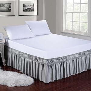 Wrap Around Bed Skirt Sides Elastic Dust Ruffled 16 Inch Tailored Drop,Easy to Install Fade Resistant-Grey, Queen/King